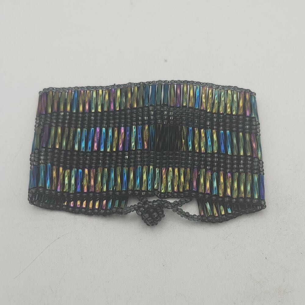 Black Iridescent Bugle Seed Bead Cuff Bracelet Glass Boho Wide Statement 6.5"